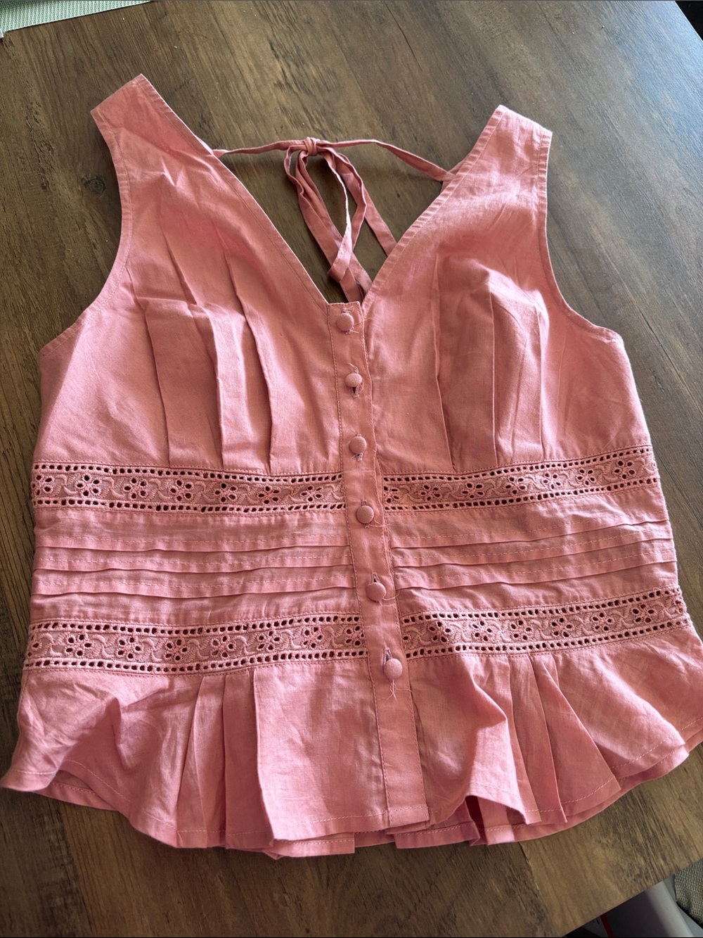 Rock&Roll denim Pink Sleeveless Button-Front Eyelet Peplum Top